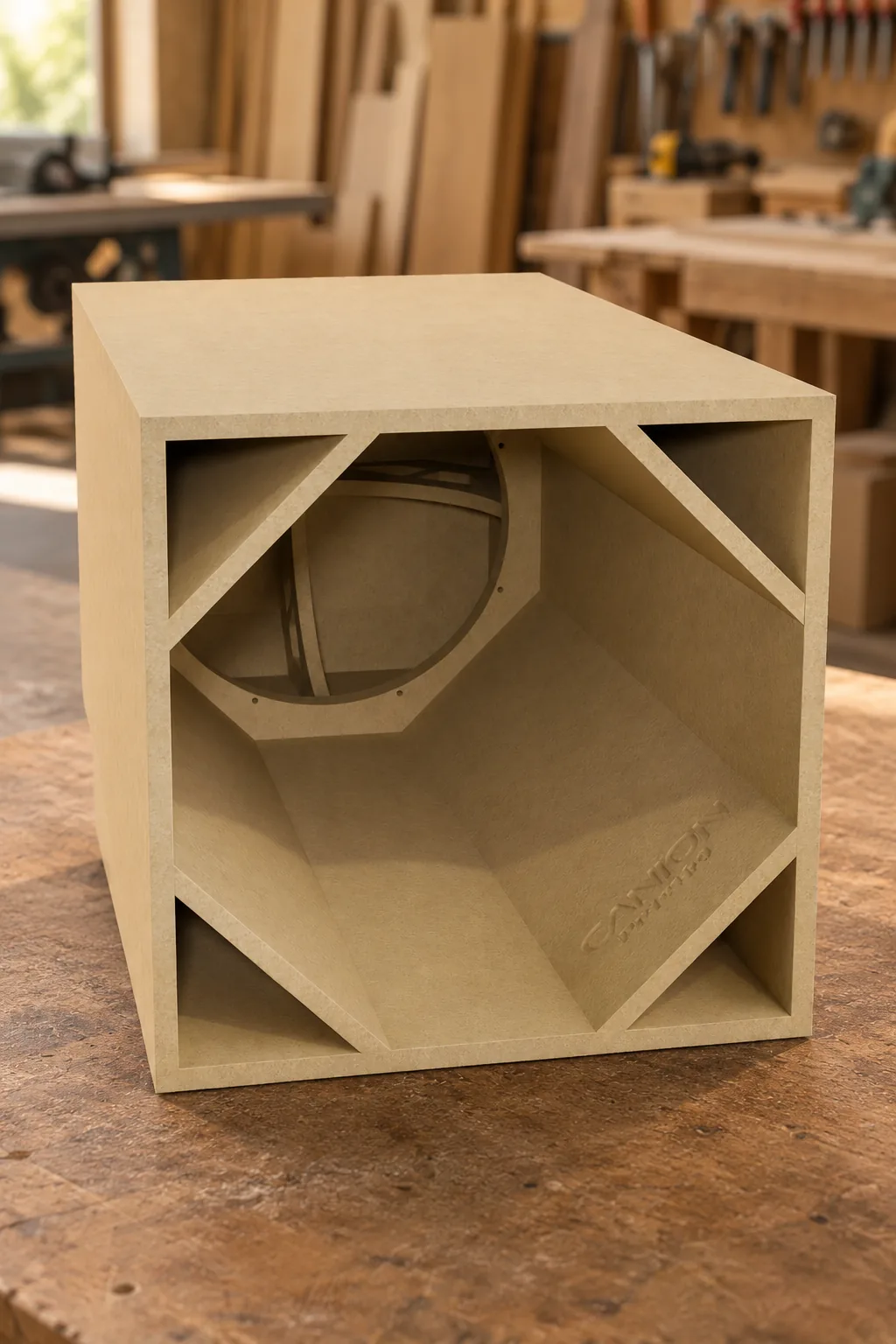 Caixa acústica Canion modelo PP15100 em MDF na oficina