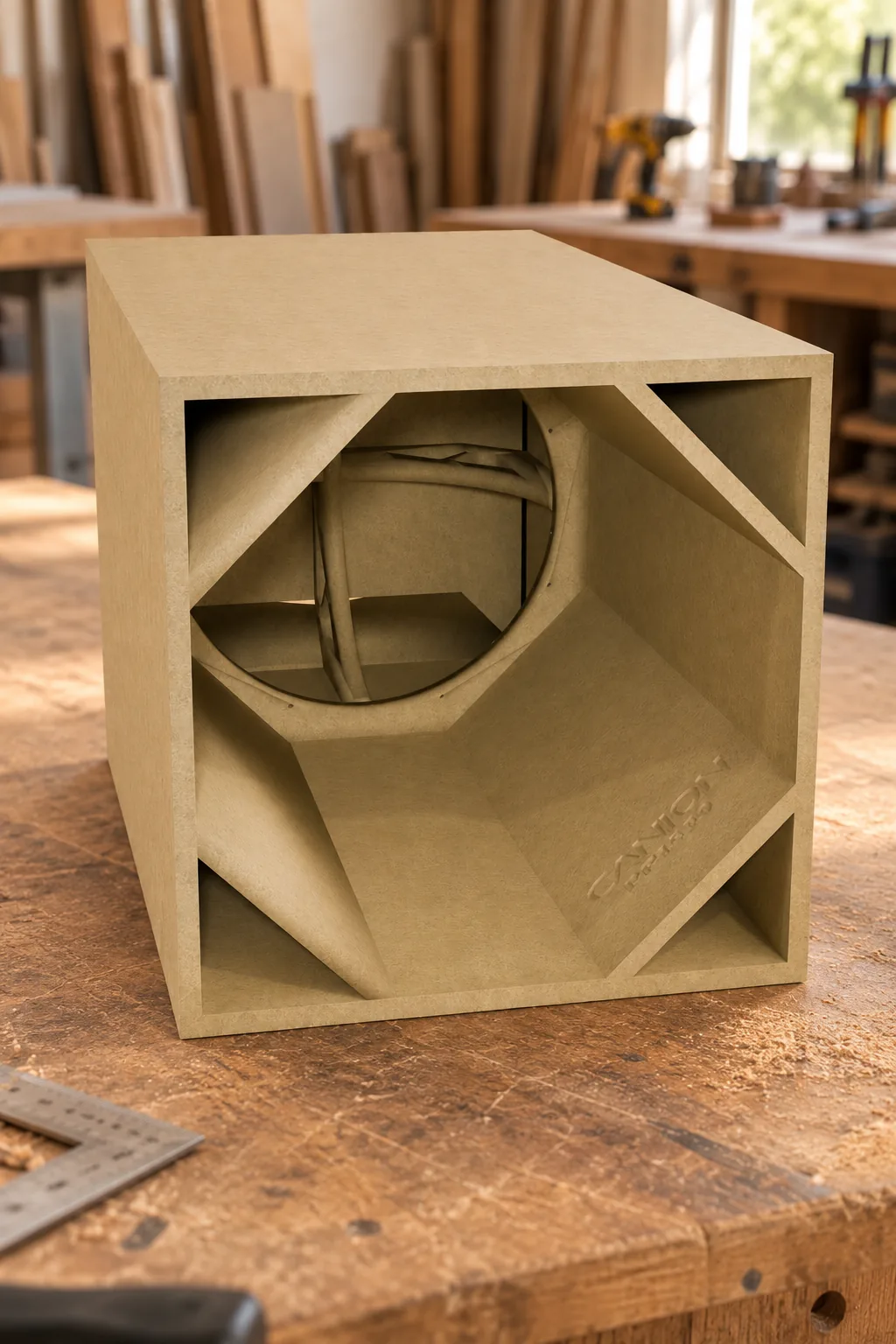 Caixa acústica Canion modelo PP15120 em MDF na oficina
