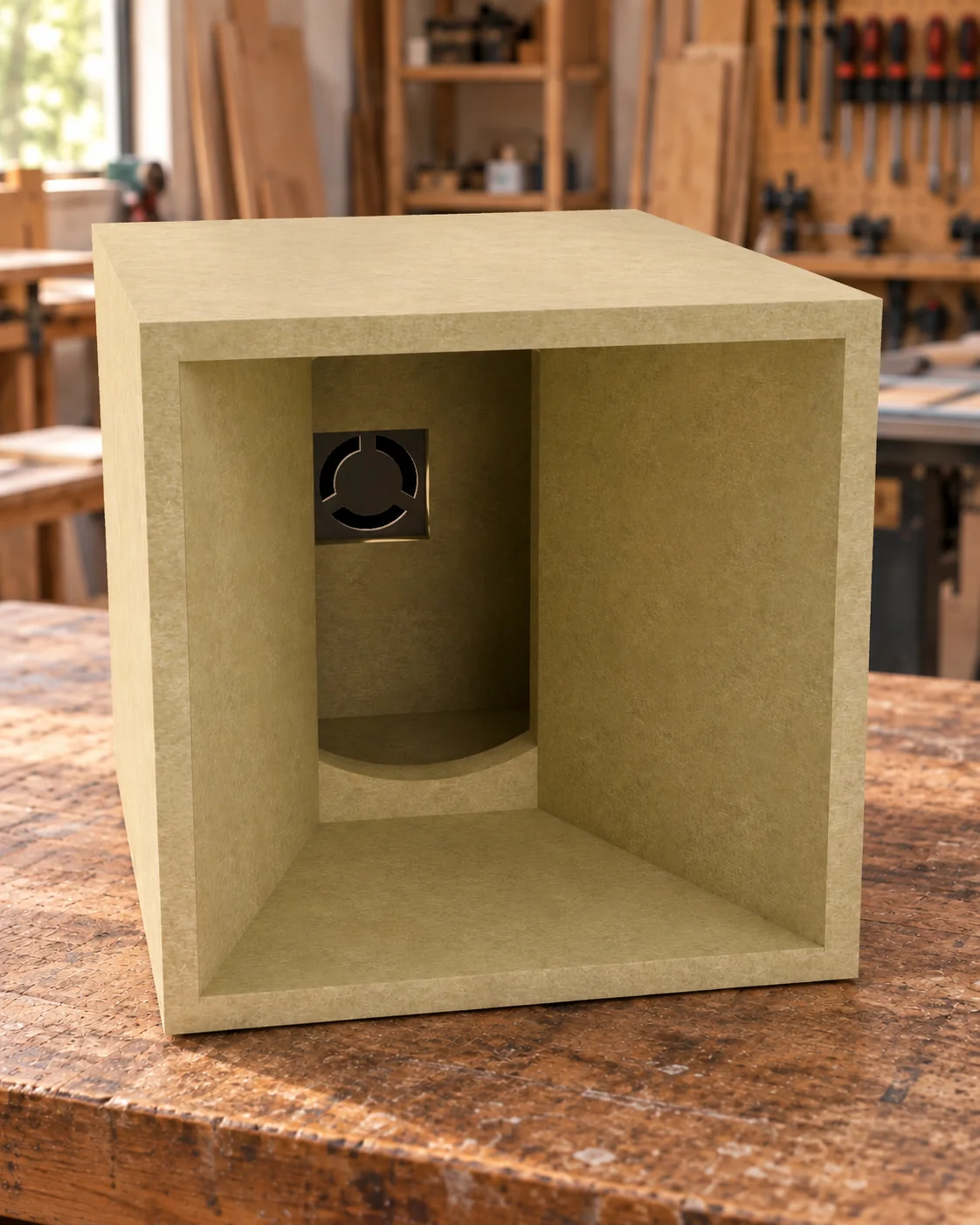 Caixa acústica Canion modelo 623S em MDF na oficina