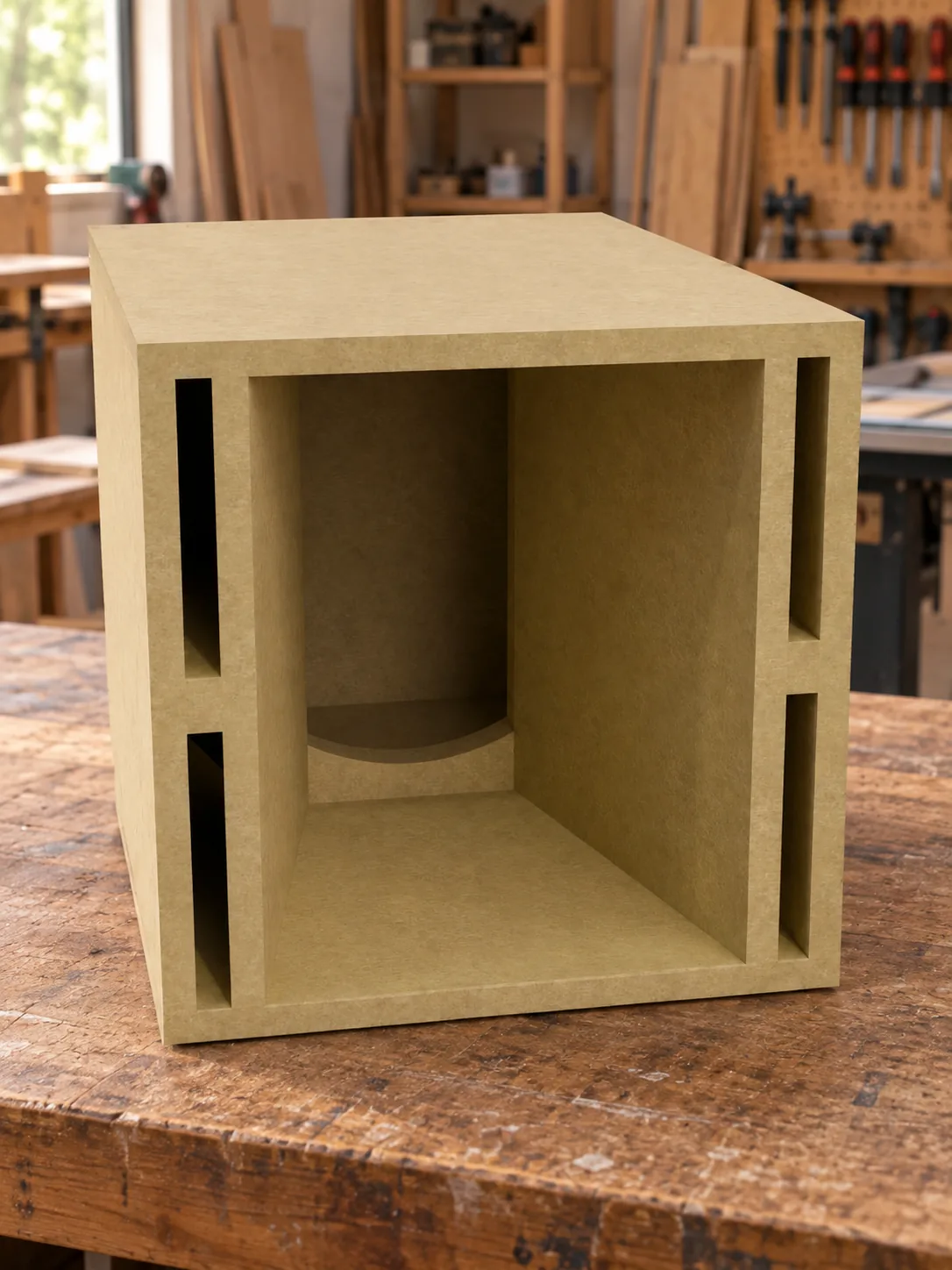 Caixa acústica Canion modelo 627R em MDF na oficina