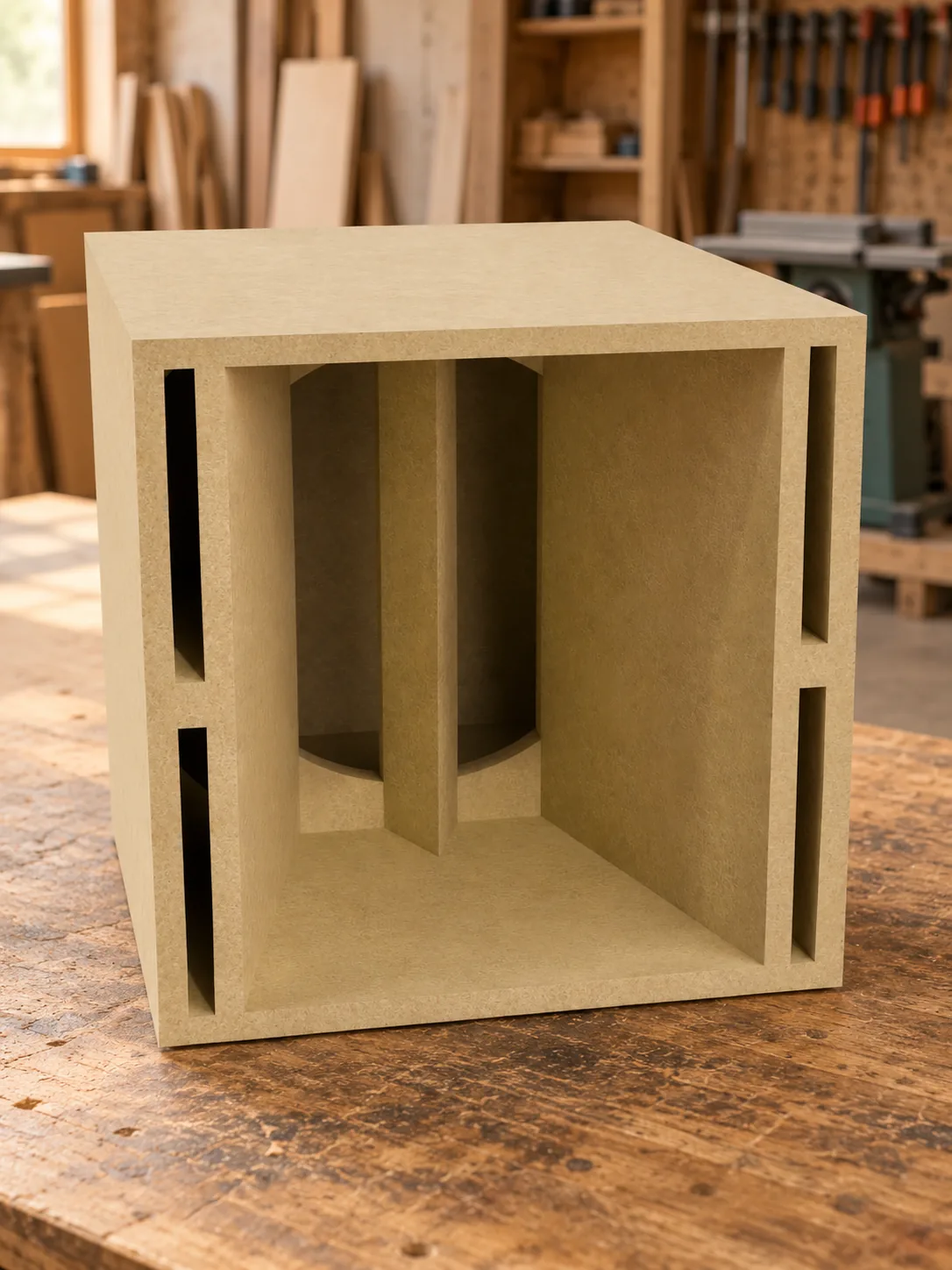 Caixa acústica Canion modelo 830R em MDF na oficina